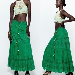 ZARA Women Green Bohemian Maxi Long Embroidered The Sophie Skirt‎ Size S
